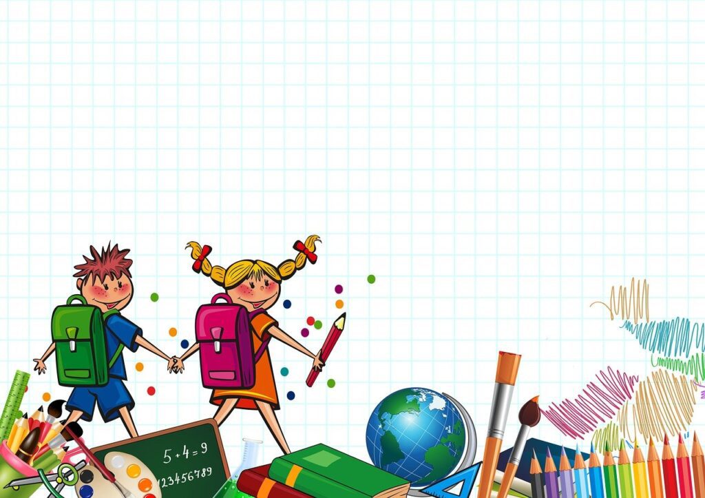 animated picture of kids with backpacks with school supplies