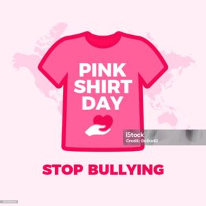 Pink T-shirt that reads Pink Shirt Day with a caption "Stop Bullying"